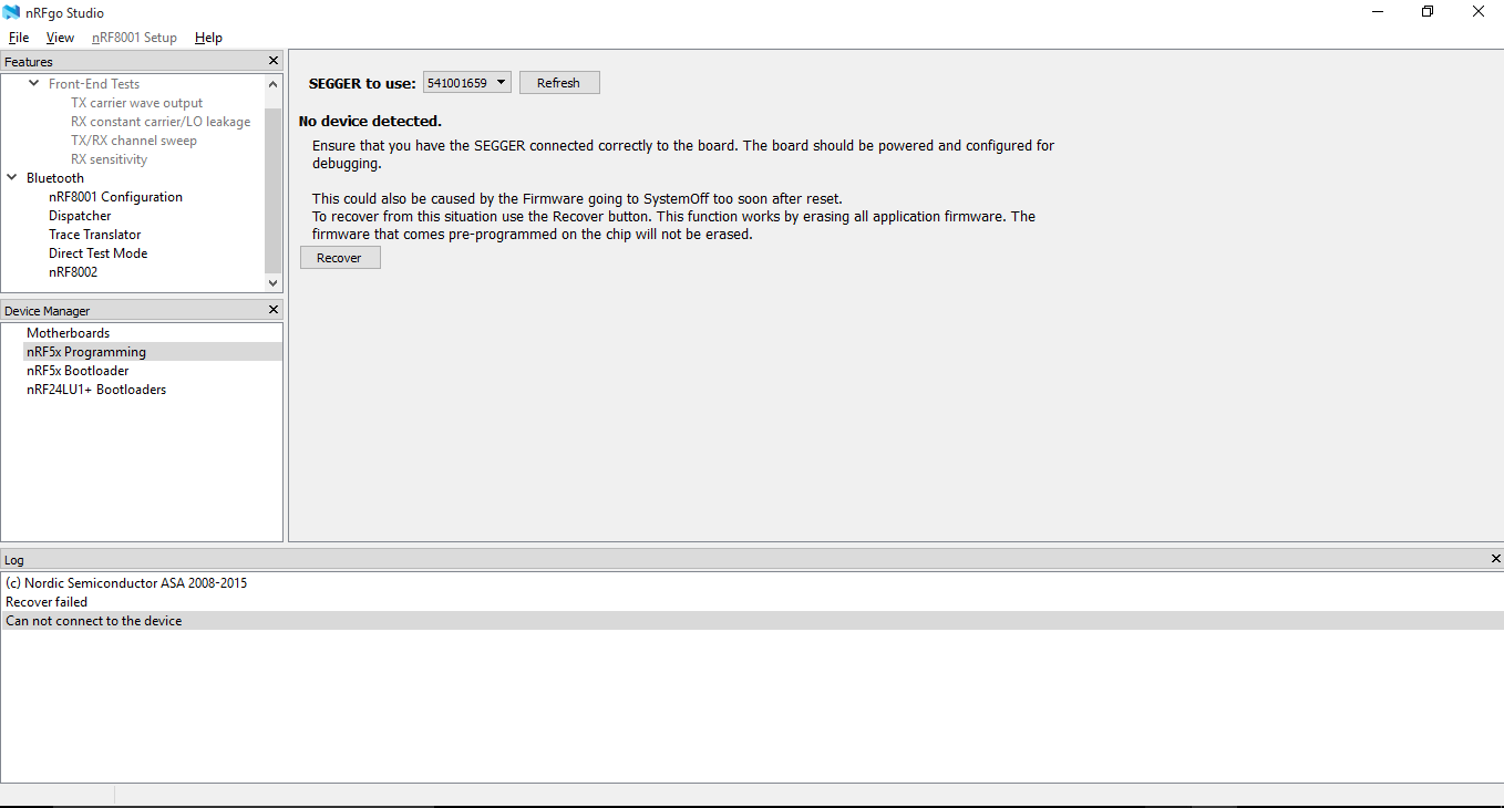 Screenshot of nRFGo main window, showing device not deteced