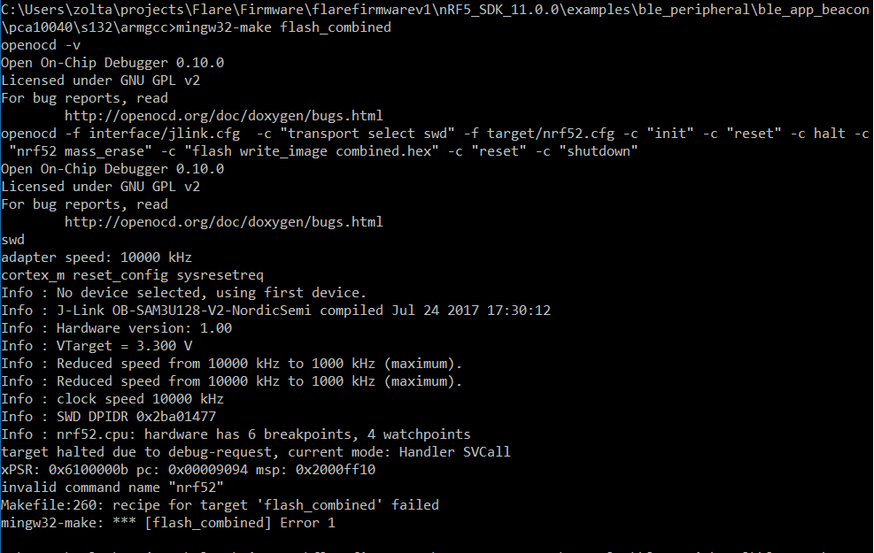 image of the command "mingw32-make flash_combined" and the resulting error "invalid command name nrf52"