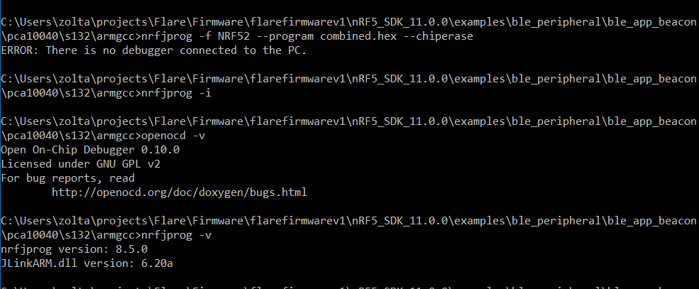 nrfjprog commands "nrfjprog -f NRF52 --program combined.hex --chiperase" with the error "ERROR there is no debugger connected to the PC"