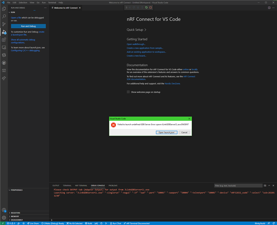 Debug session fails to run Zephyr blinky sample in VSCode with nRF Connect  - Nordic Q&A - Nordic DevZone - Nordic DevZone