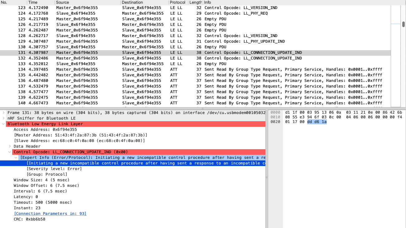 Screenshot of Wireshark packet trace showing packet 131 with an expert error "Initiating a new incompatible control procedure after having sent a response to an incompatible control procedure"