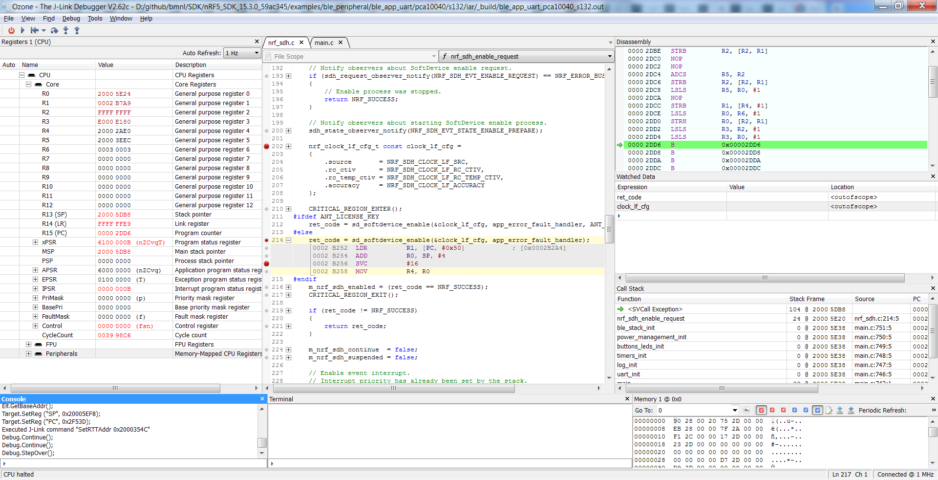  second screenshot just after the svc call is made (step over resulting in halt)