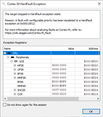 Screenshot of hardFault exception details from Ozone