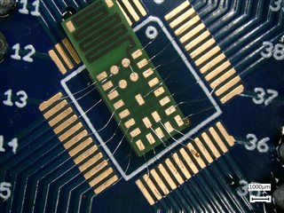 Picture of wirebonded NRF chip under a microscope