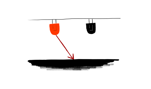  A drawing of two diodes placed horizontally adjacent in a ceiling, one red and one black. From the red diode, an arrow is pointing to a black floor.