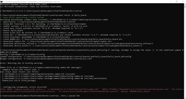 error: Aborting due to Kconfig warnings. CMake Error at C:/NordSemi/v1 ...