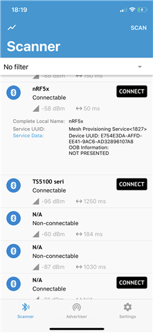 nRF Connect showing Device UUID etc