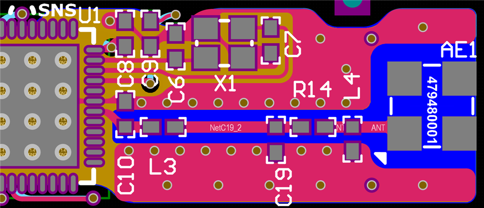 PCB layout showing RF matching components